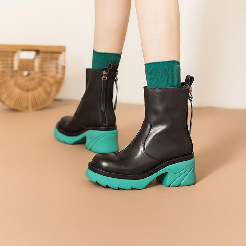 Colorful Sole Short Boots Chunky Riding Boots High Heel Back Zip