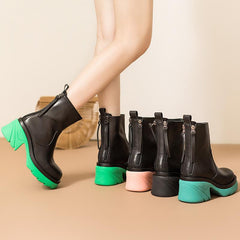 Colorful Sole Short Boots Chunky Riding Boots High Heel Back Zip