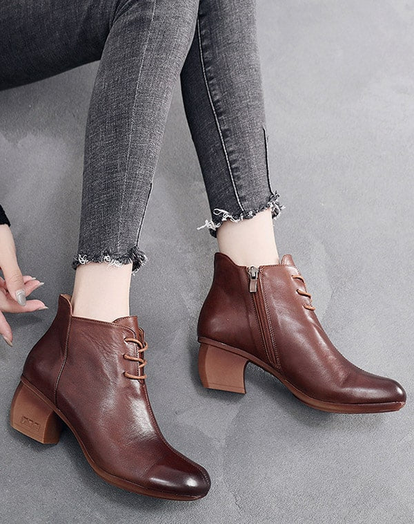 Autumn Winter Lace Up Retro Leather Chunky Boots