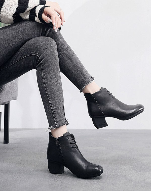 Autumn Winter Lace Up Retro Leather Chunky Boots