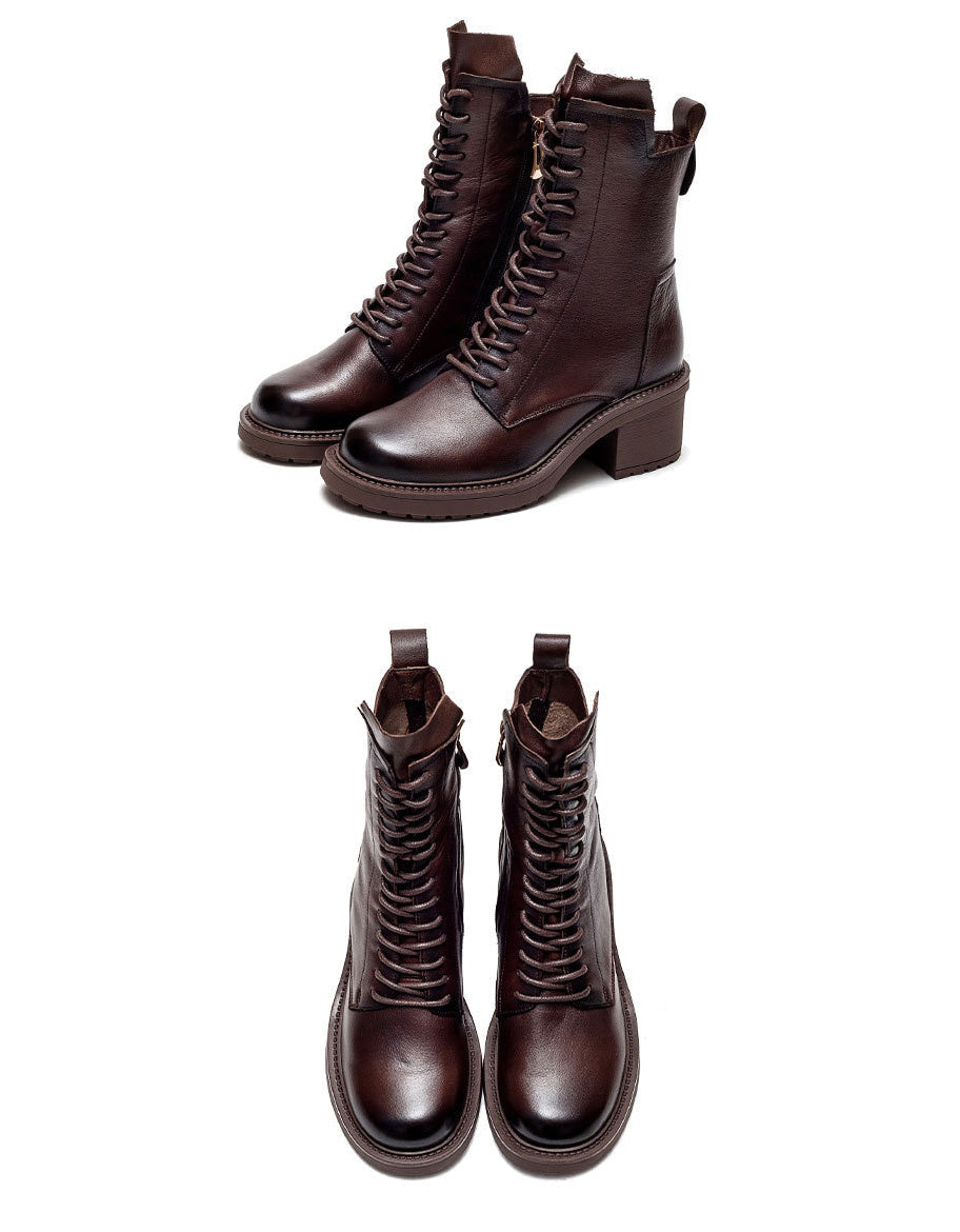 Autumn Winter Retro Leather Chunky Heels Combat Boots