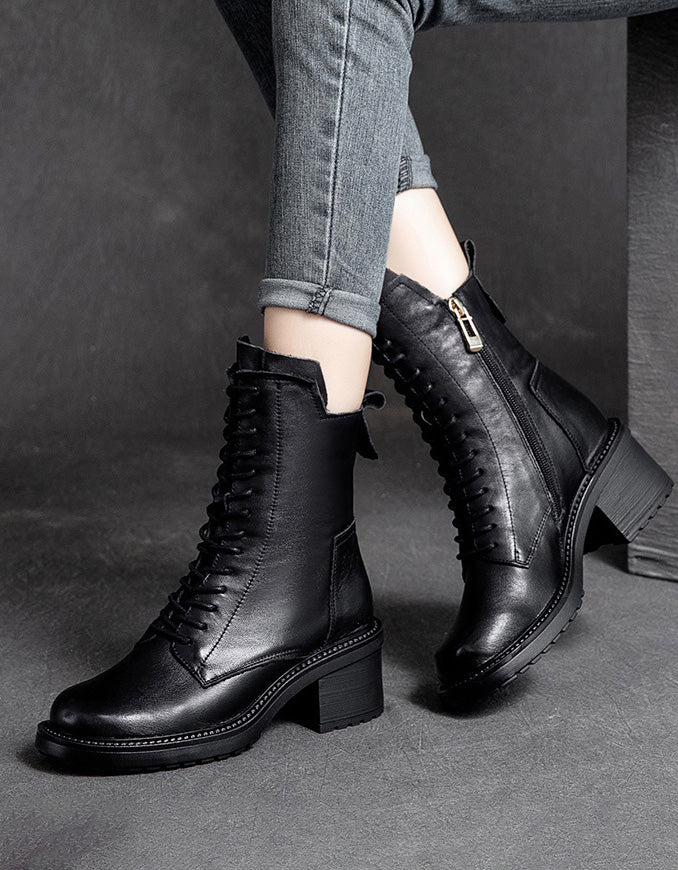 Autumn Winter Retro Leather Chunky Heels Combat Boots