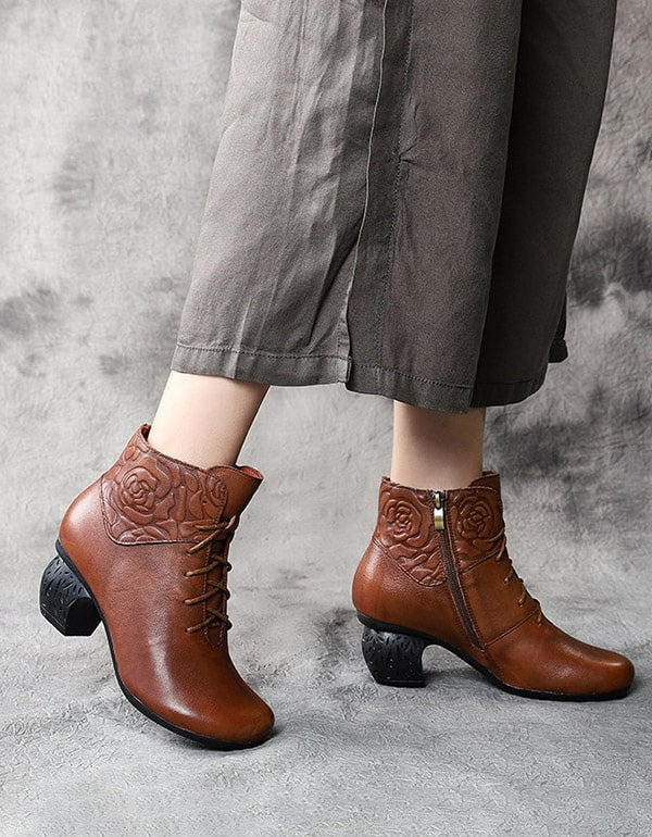 Autumn Winter Round Head Retro Leather Chunky Boots