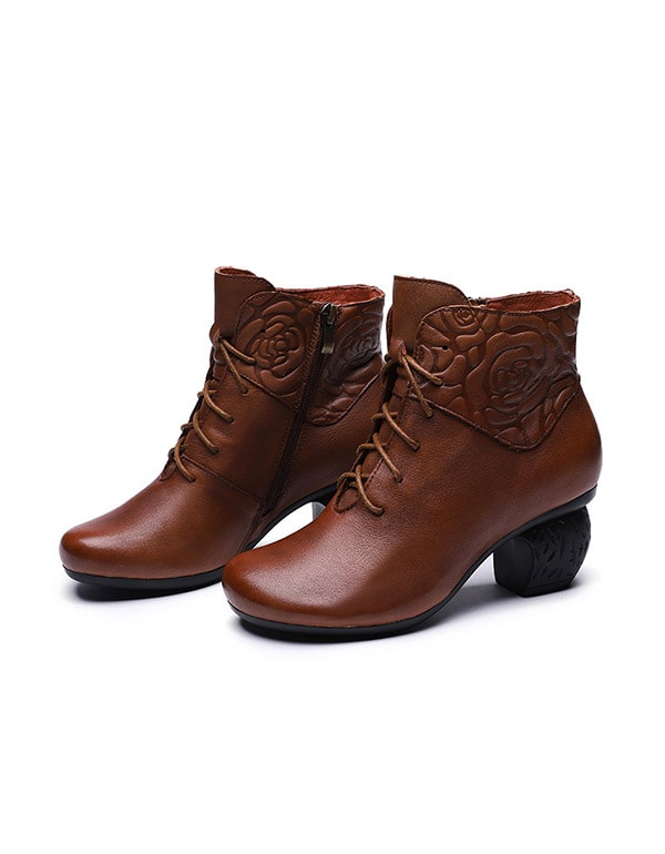 Autumn Winter Round Head Retro Leather Chunky Boots