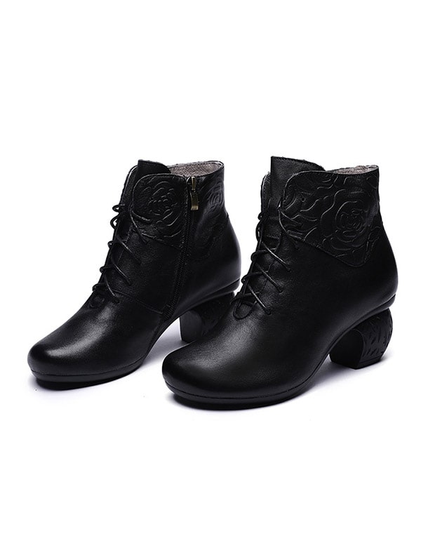 Autumn Winter Round Head Retro Leather Chunky Boots