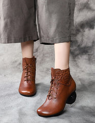 Autumn Winter Round Head Retro Leather Chunky Boots