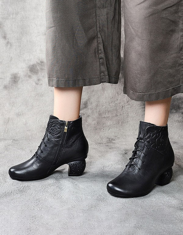 Autumn Winter Round Head Retro Leather Chunky Boots