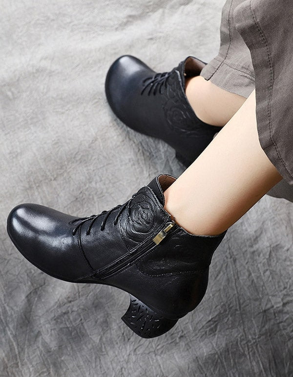 Autumn Winter Round Head Retro Leather Chunky Boots