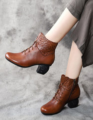 Autumn Winter Round Head Retro Leather Chunky Boots