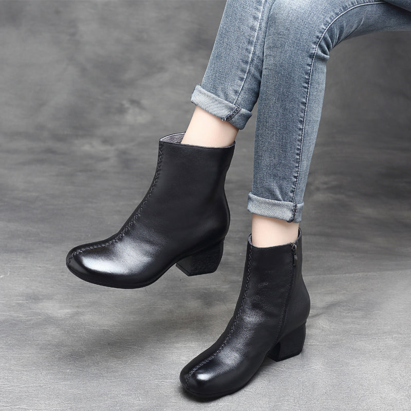 Retro Leather Chunky Women's Boots