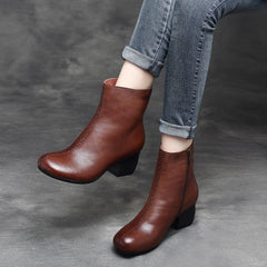 Retro Leather Chunky Women's Boots