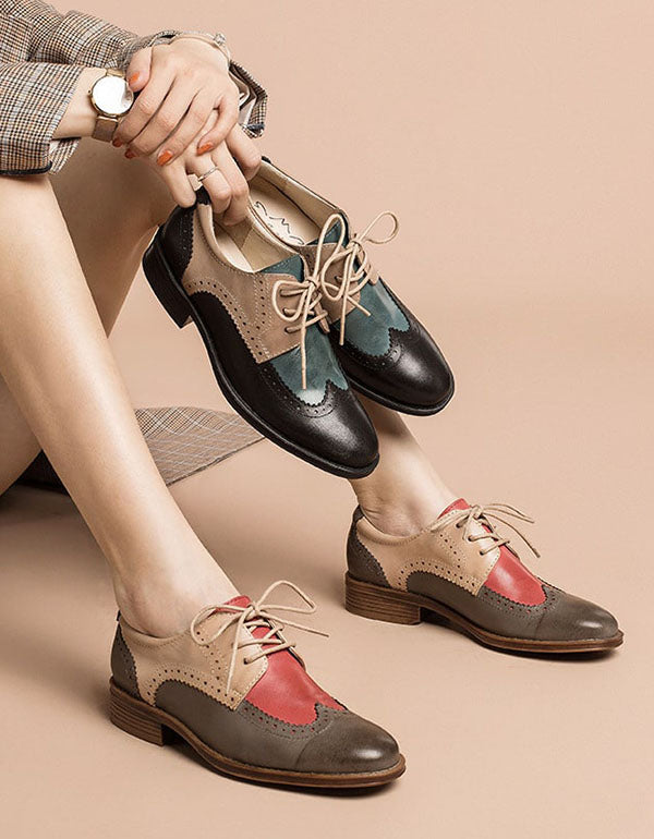 Handmade Three Tone Lace-up British Oxford Shoes Women 35-41