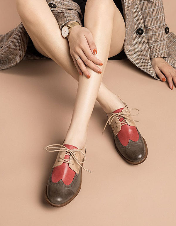 Handmade Three Tone Lace-up British Oxford Shoes Women 35-41