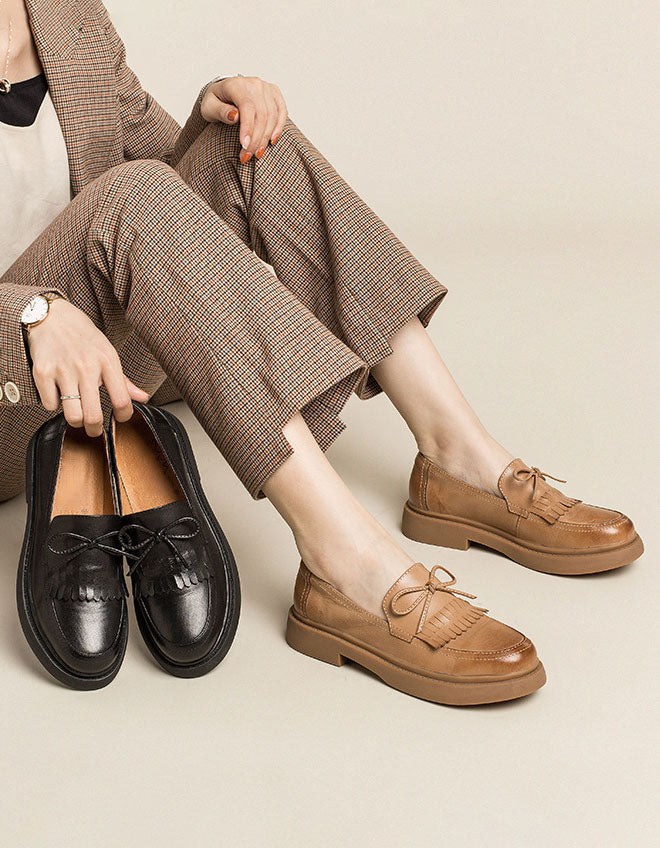 Real Leather British Style Tassel Loafers for Women