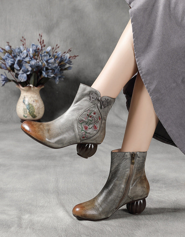 Chinese Buckle Ethnic Style Embroidery Chunky Heel Boots