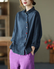 Color Button Retro Rich Linen Shirt