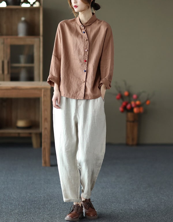 Color Button Retro Rich Linen Shirt