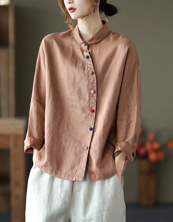 Color Button Retro Rich Linen Shirt