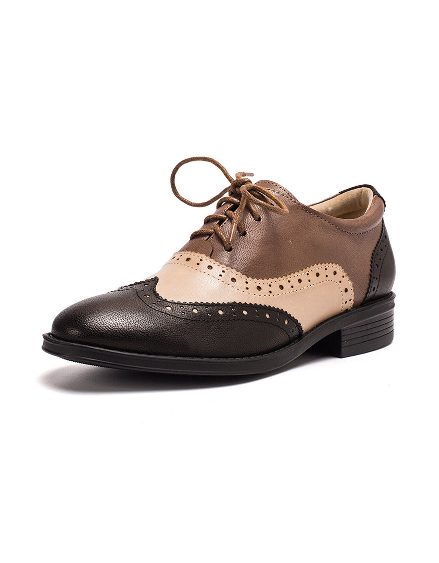 Real Leather Three Tone Lace-up Brogue Oxford Shoes Women