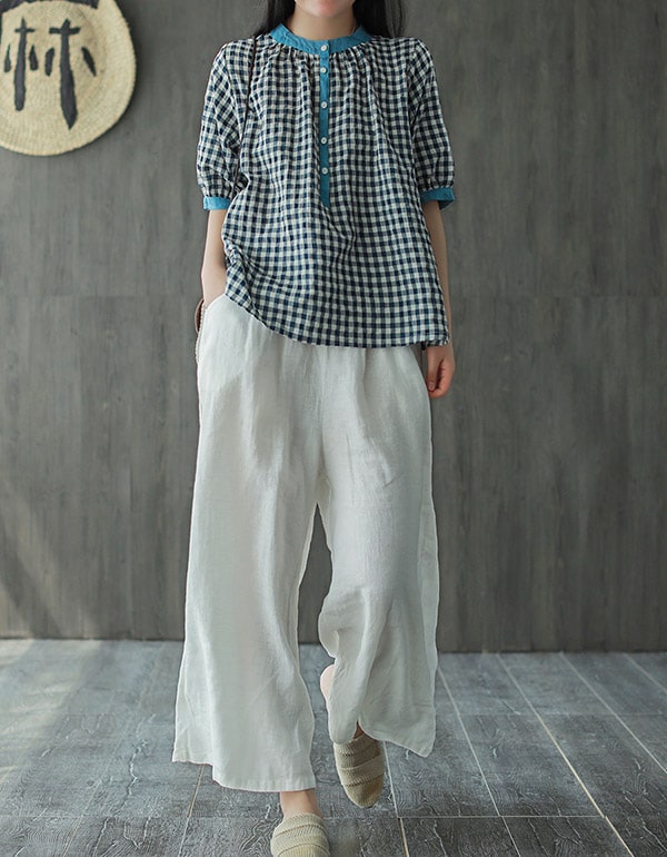 Cotton Linen Gingham Short-sleeve Shirt