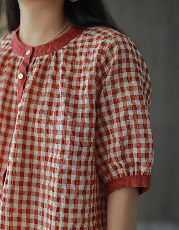 Cotton Linen Gingham Short-sleeve Shirt