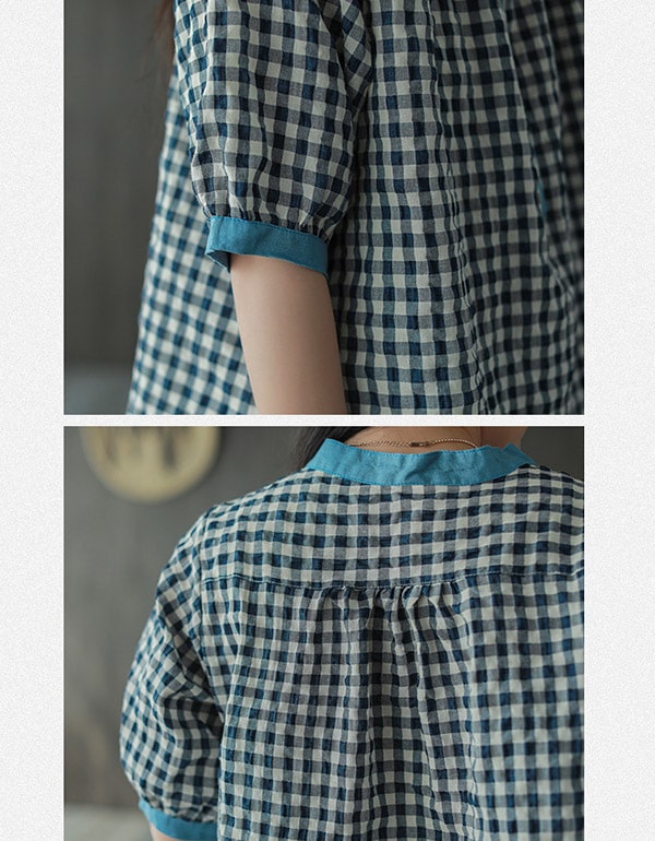 Cotton Linen Gingham Short-sleeve Shirt