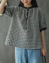 Cotton Linen Gingham Short-sleeve Shirt