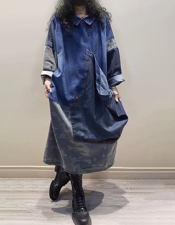 Stitching Large Pockets Loose Hooded Denim Overall Dress