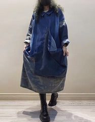 Stitching Large Pockets Loose Hooded Denim Overall Dress