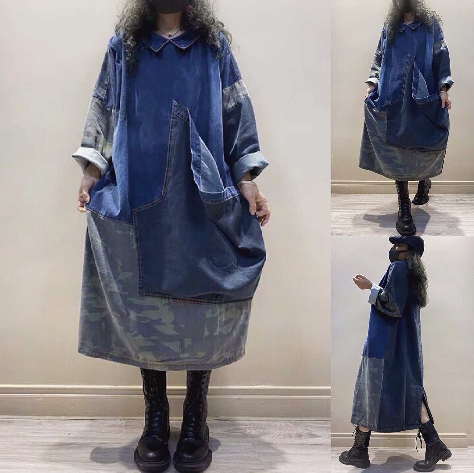 Stitching Large Pockets Loose Hooded Denim Overall Dress