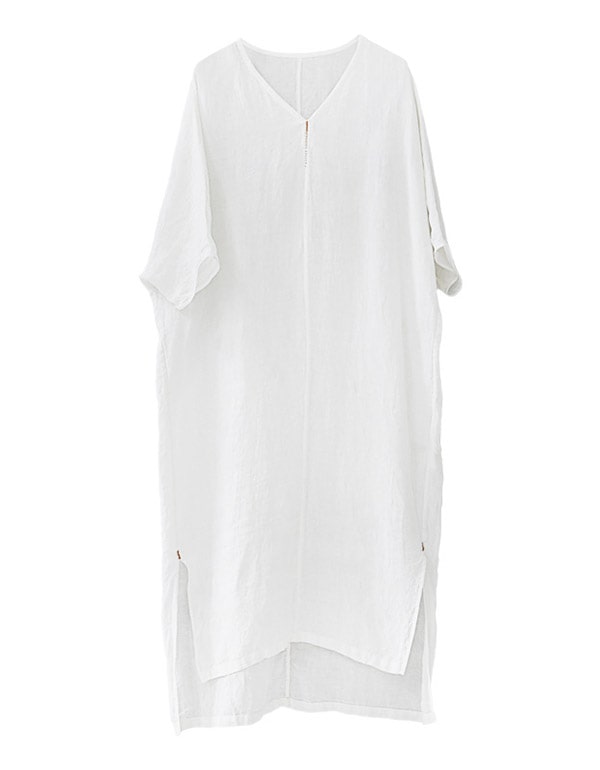 Embroidered Loose V-neck White Linen Dress