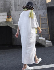 Embroidered Loose V-neck White Linen Dress