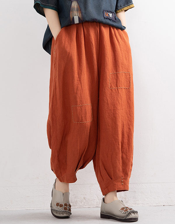 Embroidered Pure Linen Lantern Pants