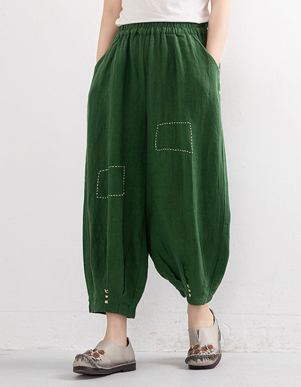 Embroidered Pure Linen Lantern Pants