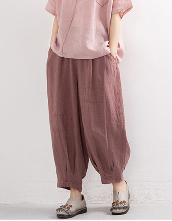 Embroidered Pure Linen Lantern Pants