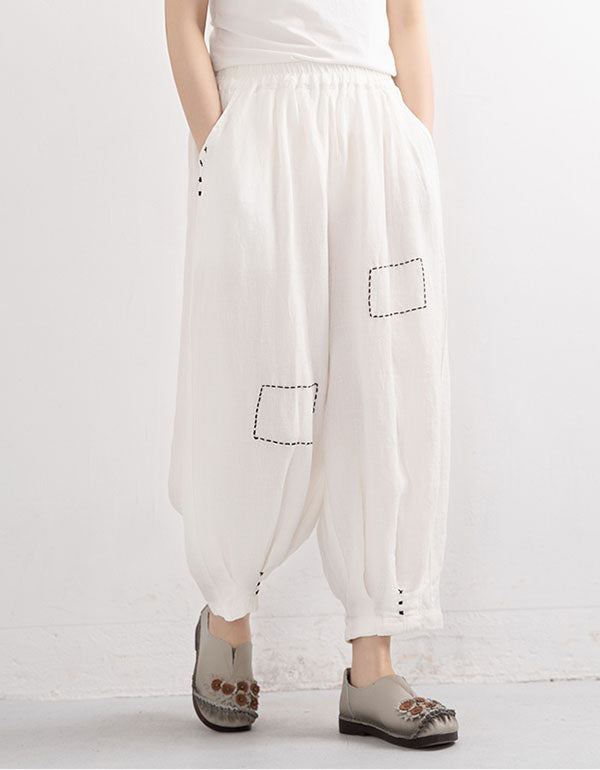 Embroidered Pure Linen Lantern Pants