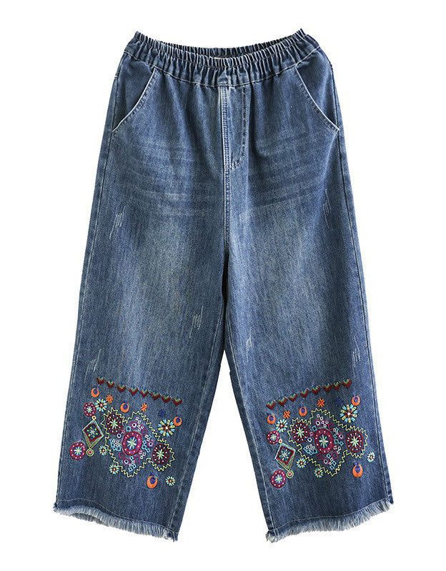 Embroidery Denim Wide Leg Pants