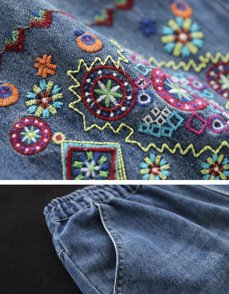 Embroidery Denim Wide Leg Pants