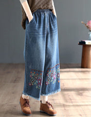 Embroidery Denim Wide Leg Pants