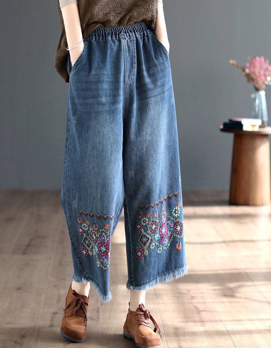 Embroidery Denim Wide Leg Pants