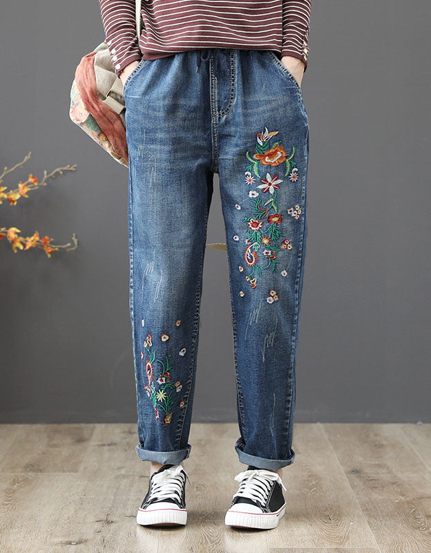 Embroidery Retro Loose Denim Pants