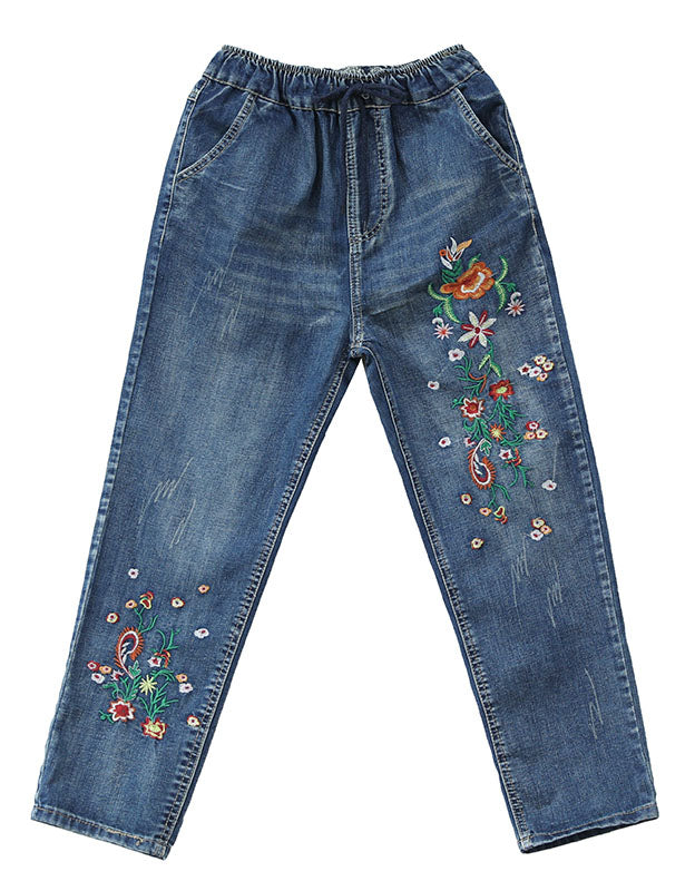 Embroidery Retro Loose Denim Pants