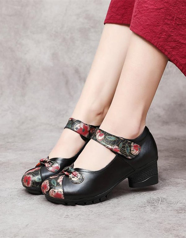 Ethnic Retro Leather Printed Chunky Shoes