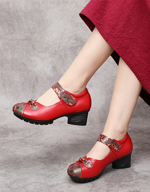 Ethnic Retro Leather Printed Chunky Shoes