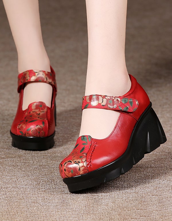 Handmade Printed Leather Ethnic Style Wedge Shoes