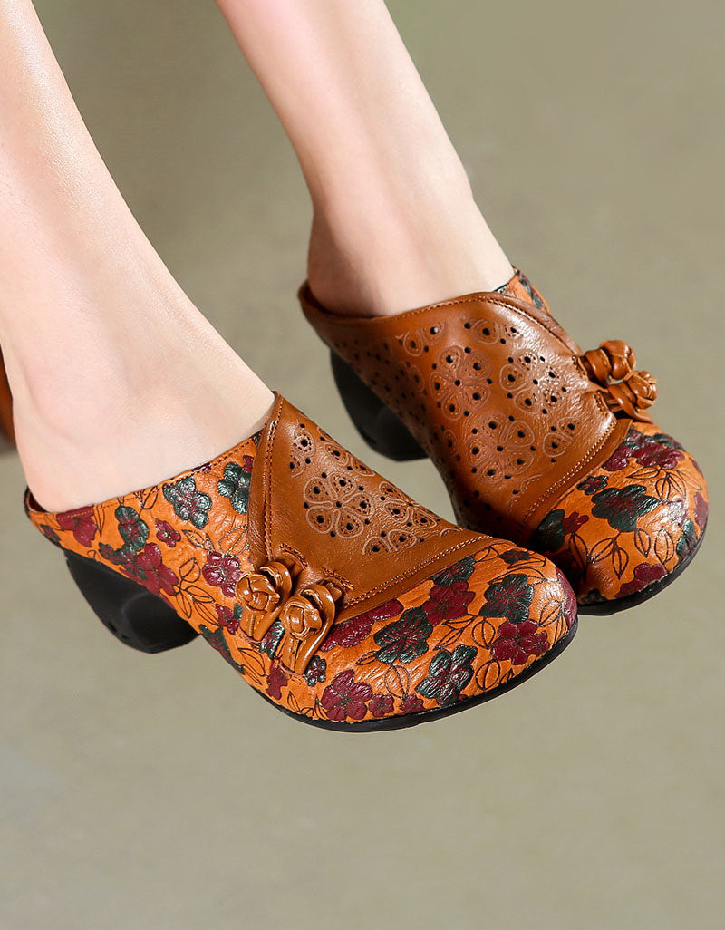 Double Bucks front Leather Printed Chunky Heels Slides