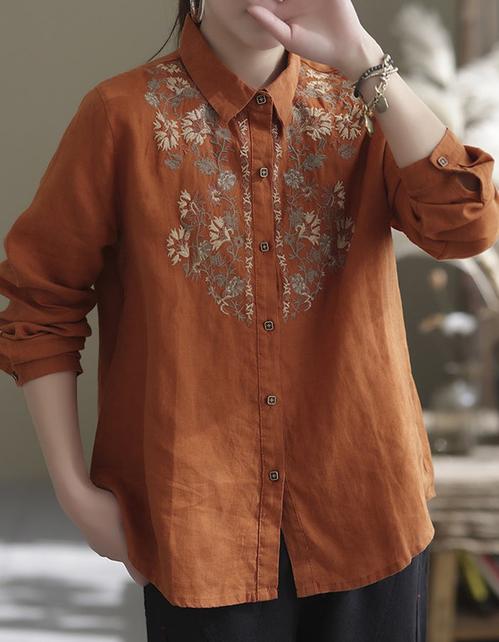 Flower Embroidery Linen Long Sleeve Shirt