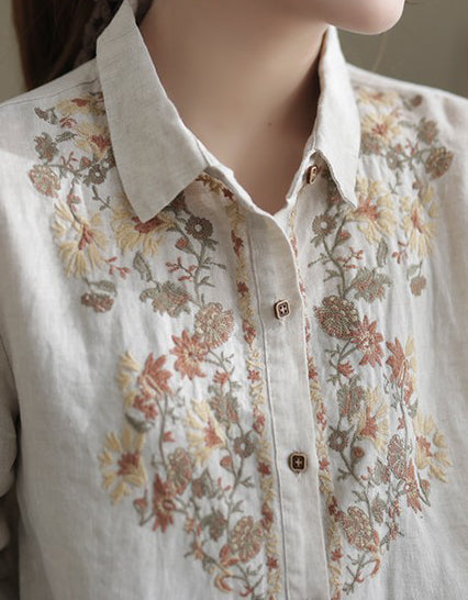 Flower Embroidery Linen Long Sleeve Shirt