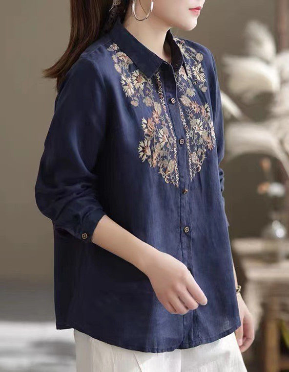 Flower Embroidery Linen Long Sleeve Shirt