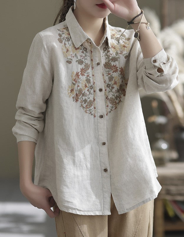 Flower Embroidery Linen Long Sleeve Shirt